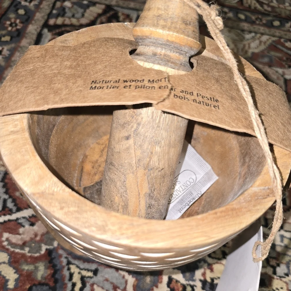 Wooden Mortar and Pestle with Cream Accent